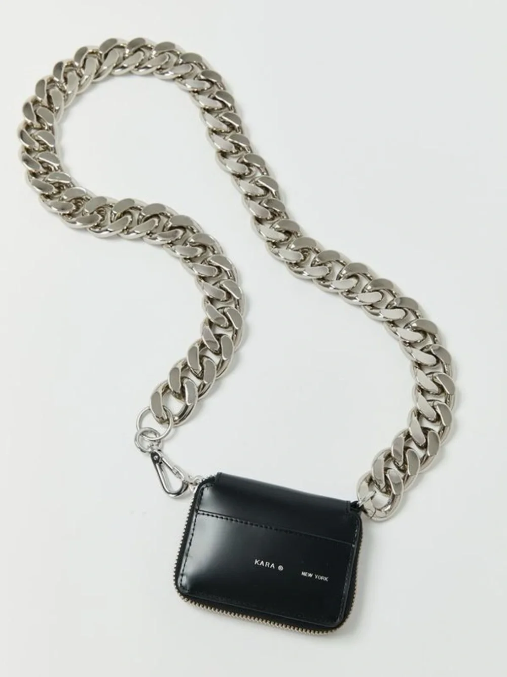 Kara New York Bike Wallet Black Leather Chunky Silver curb Chain Crossbody Bag - Picture 5 of 16